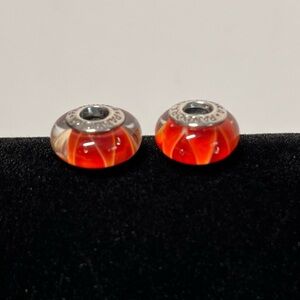 PANDORA Sterling Silver and Murano Red Glass Charms. Set of two.